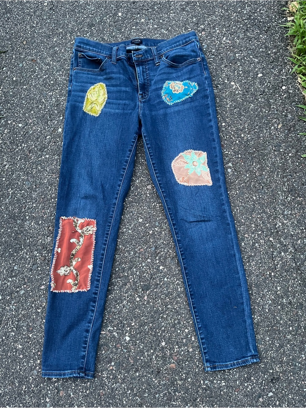 OOAK reworked J. Crew Dark Blue Patchwork Skinny Jeans with Multicolor Appliqués